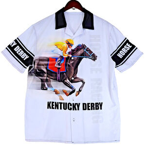 Kentucky Derby Horse Racing 3D Screen Printed Short Sleeve ButtonUp Mens Large